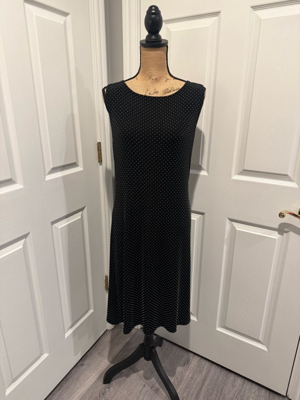 Chico's Black Midi Dress with Silver White Micro Polka Dots Beads